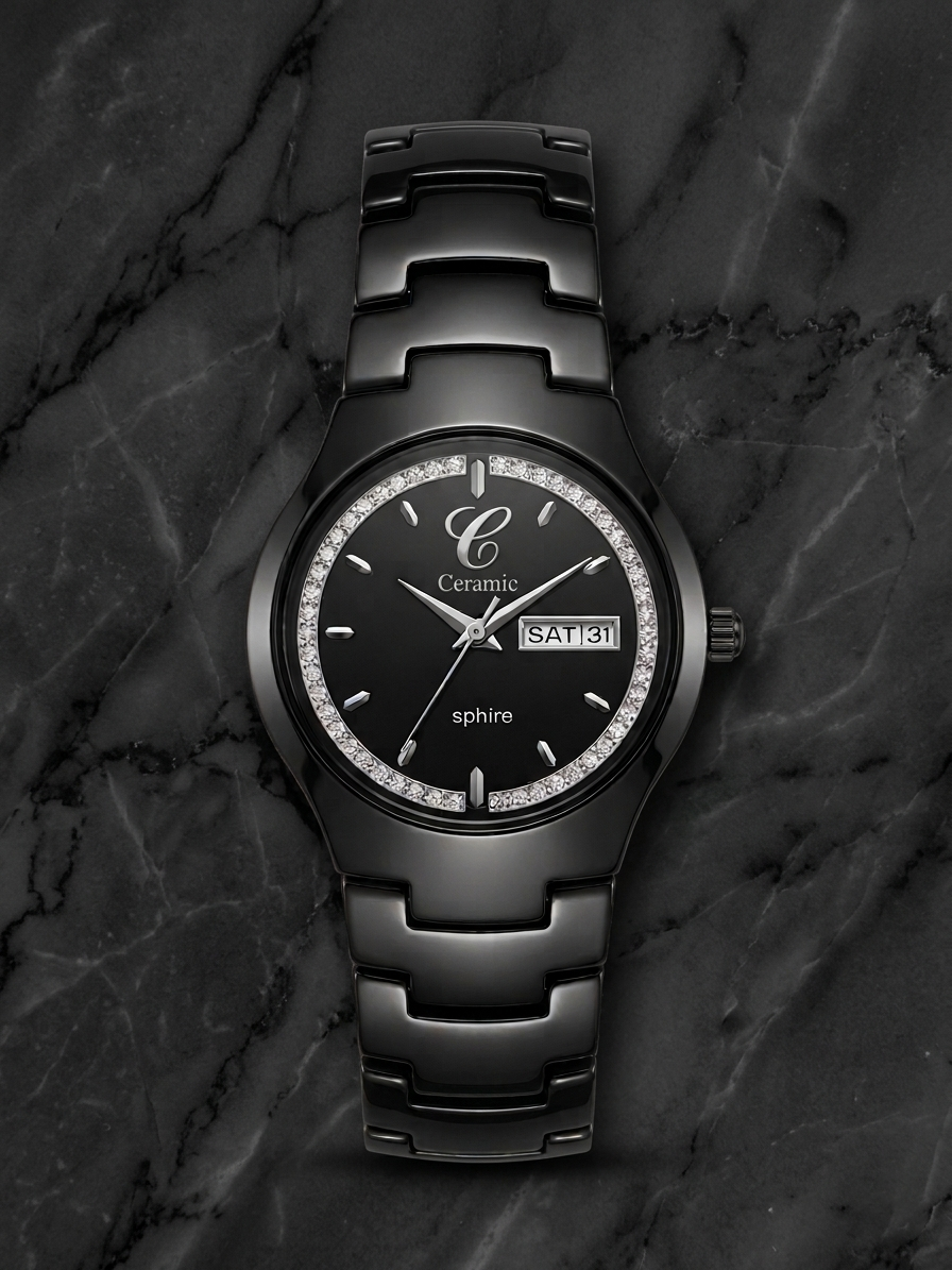 Luxury Black Ceramic Watch with Crystal Bezel & Day-Date Display