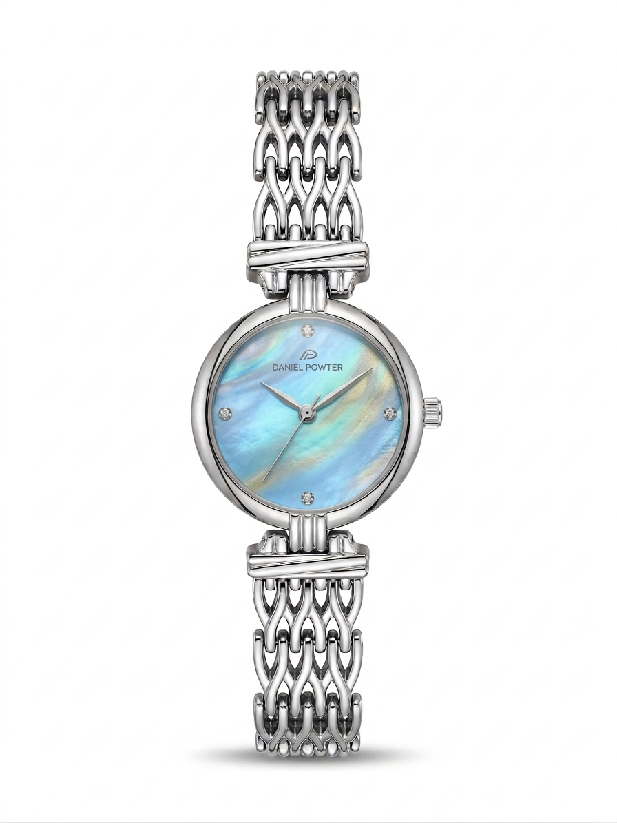 Daniel Powter London Women's Silver Chain Watch with Sky Blue & Multi Color Dial
