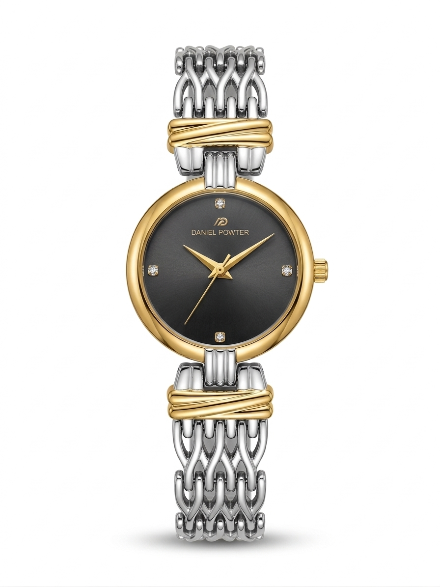 Daniel Powter London Women's Silver Chain Watch with Blackish Grey Dial