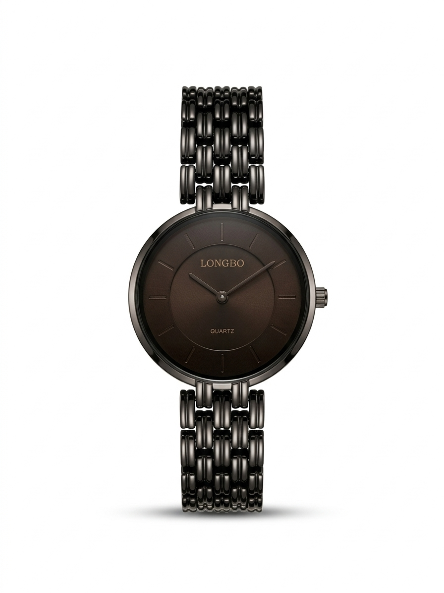 LONGBO Women's Elegant Dark Brown Round Quartz Watch – Black Metal Strap Modern Style