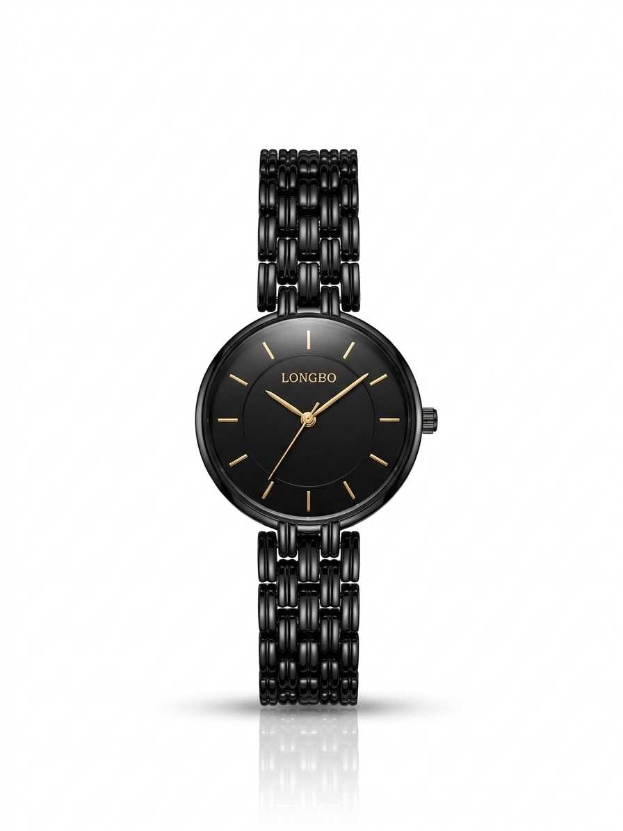 LONGBO Women's Elegant Black Round Quartz Watch – Black Metal Strap Modern Style