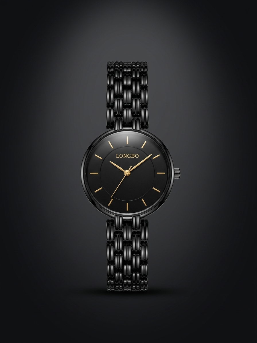LONGBO Men's Elegant Black Round Quartz Watch – Black Metal Strap Modern Style