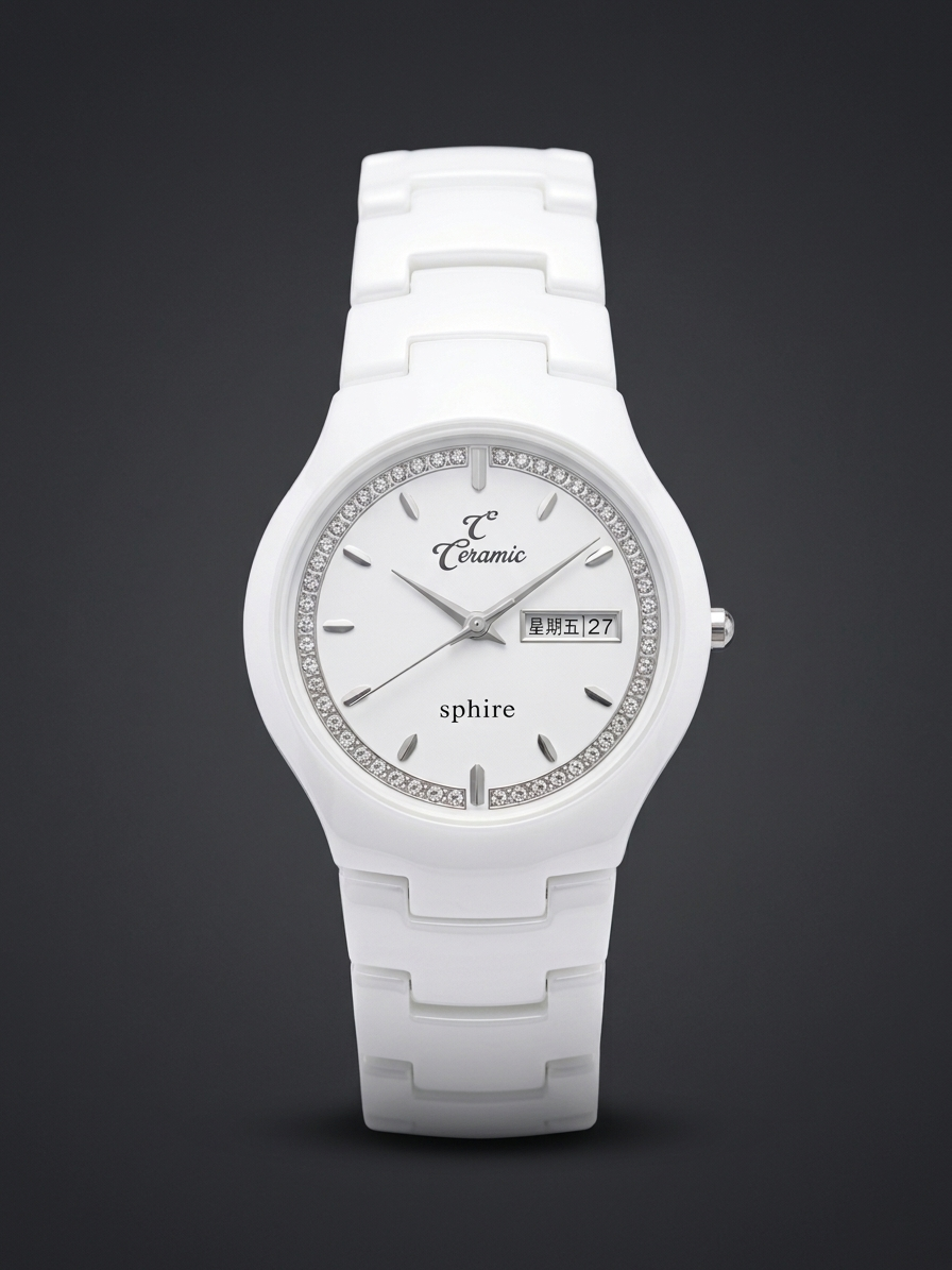 Luxury White Ceramic Women's & Men's Watch with Crystal Bezel & Day-Date Display