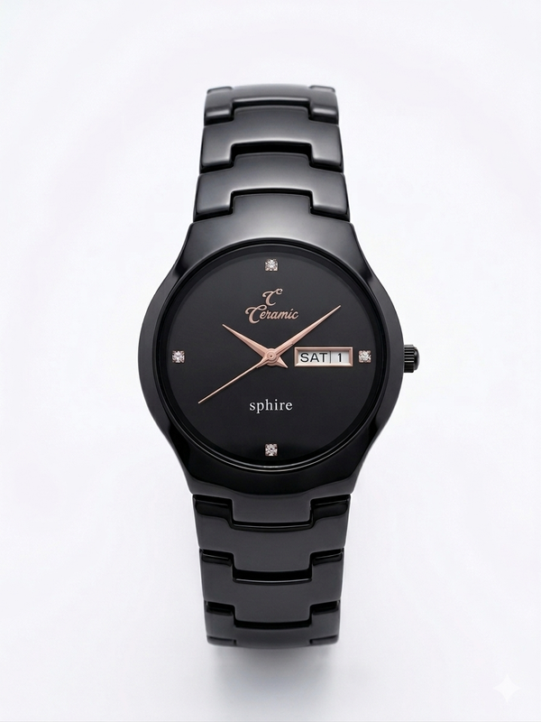 Luxury Black Ceramic Women's & Men's Watch with Rose Gold Hands & Day-Date Display