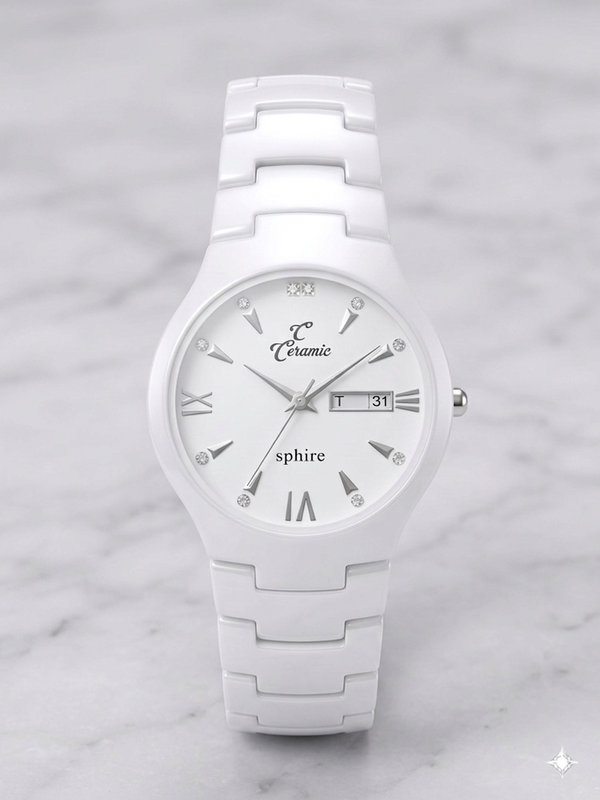 Elegant White Ceramic Women's & Men's Watch with Roman Numerals & Day-Date Display