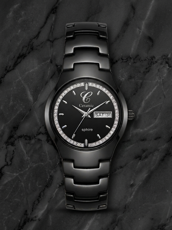 Luxury Black Ceramic Watch with Crystal Bezel & Day-Date Display