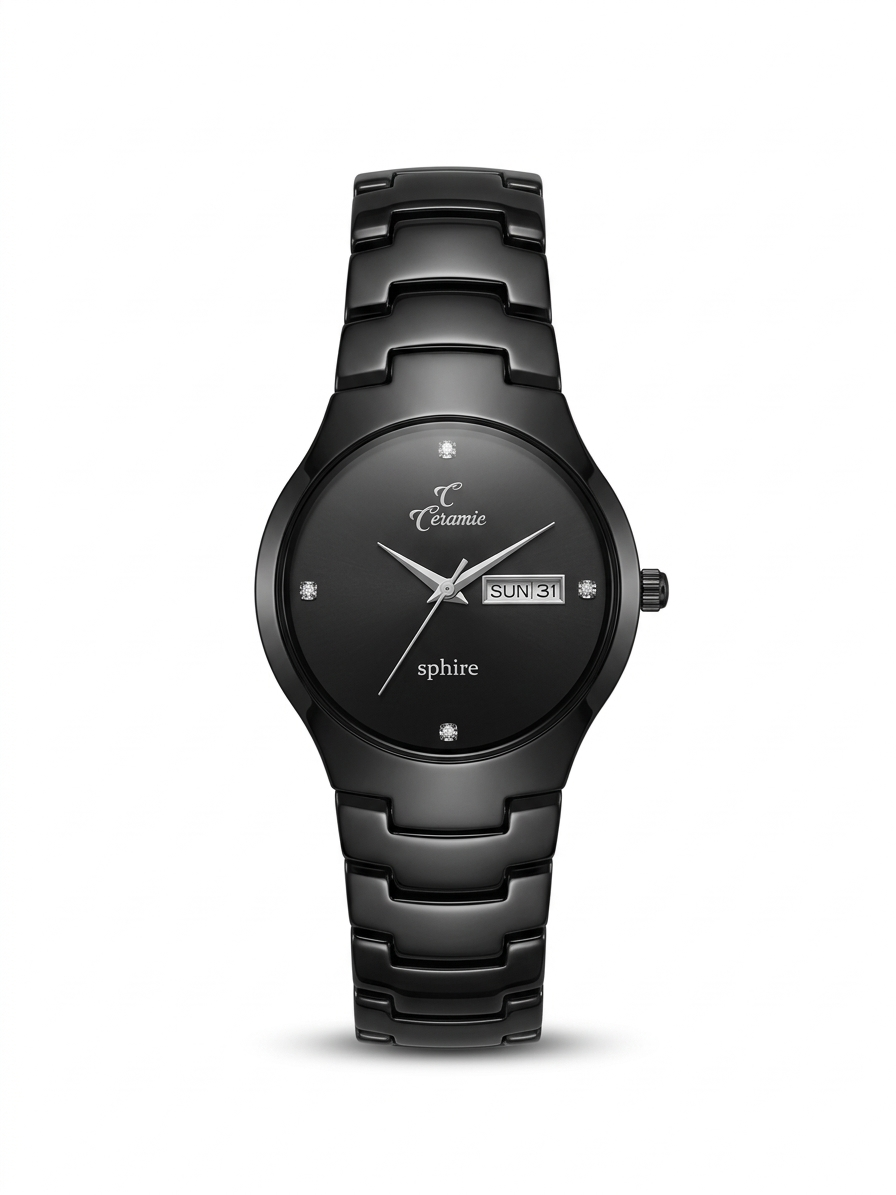 Elegant Black Ceramic Watch with Crystal Markers & Day-Date Display