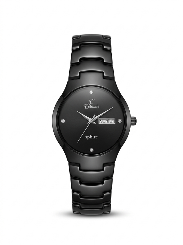 Elegant Black Ceramic Watch with Crystal Markers & Day-Date Display