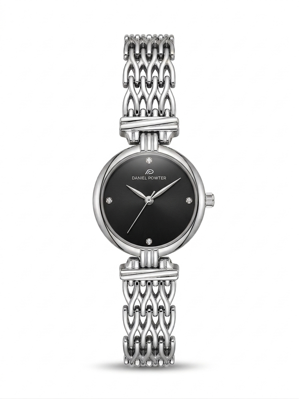 Daniel Powter London Women's Silver Chain Watch with Black Dial