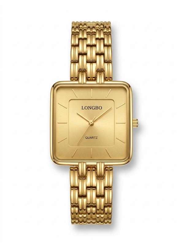 LONGBO Luxury Gold Square Dial Quartz Watch for Men – Minimal Formal Chain Strap