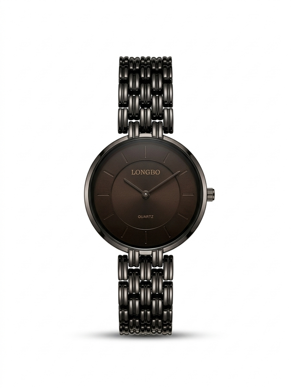 LONGBO Men's Elegant Dark Brown Round Quartz Watch – Black Metal Strap Modern Style