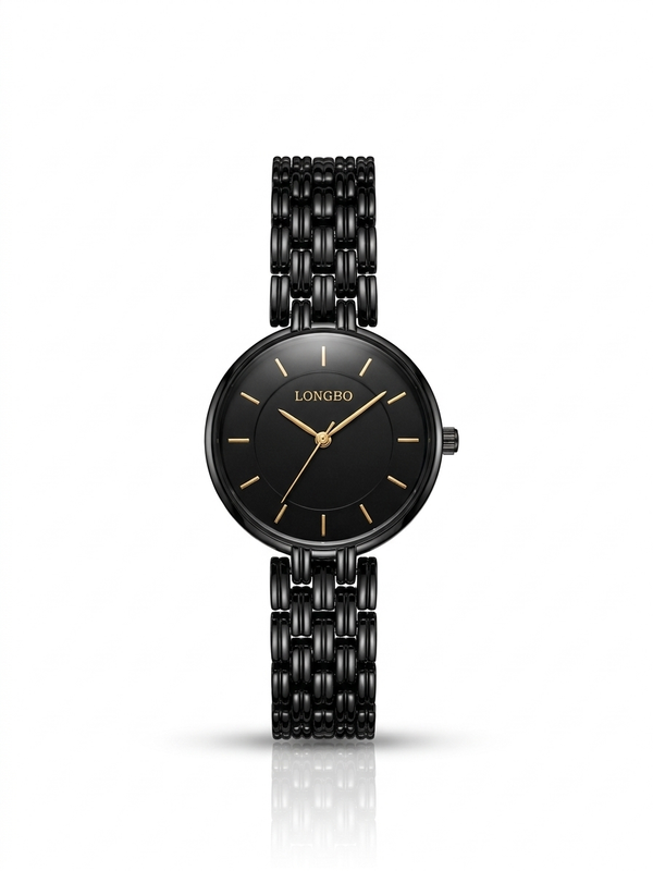 LONGBO Women's Elegant Black Round Quartz Watch – Black Metal Strap Modern Style