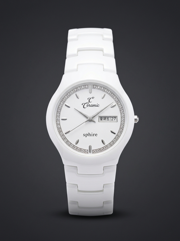 Luxury White Ceramic Women's & Men's Watch with Crystal Bezel & Day-Date Display